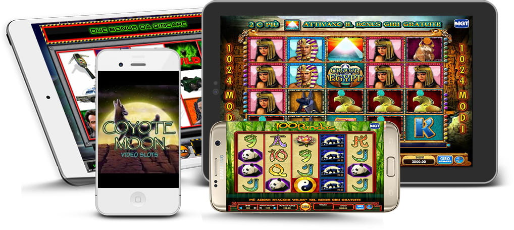 Diversi giochi slot e da tavolo prodotti da IGT sugli schermi di device mobile di diverse dimensioni.