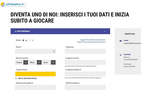 Il modulo di registrazione di Lottomatica, da compilare con le proprie info personali.