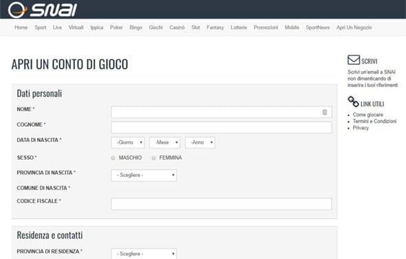 Il modulo di registrazione del casinò SNAI.