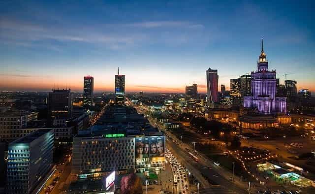 The skyline of Warsaw in Poland at night.