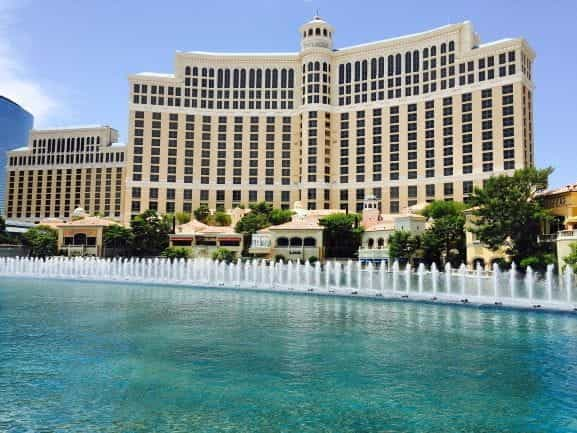 Bellagio Hotel in Las Vegas exterior with fountain.