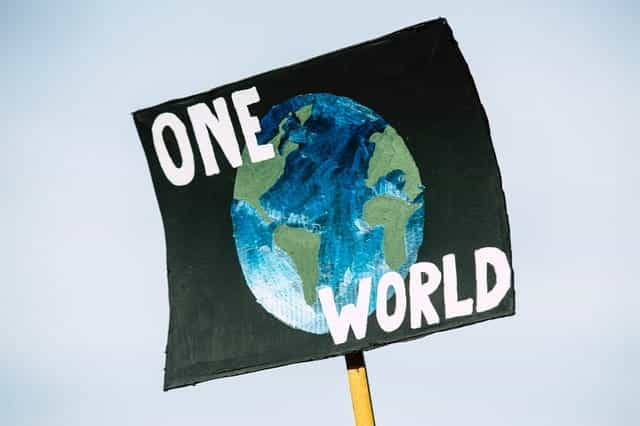 A protest sign with a picture of the earth, with 