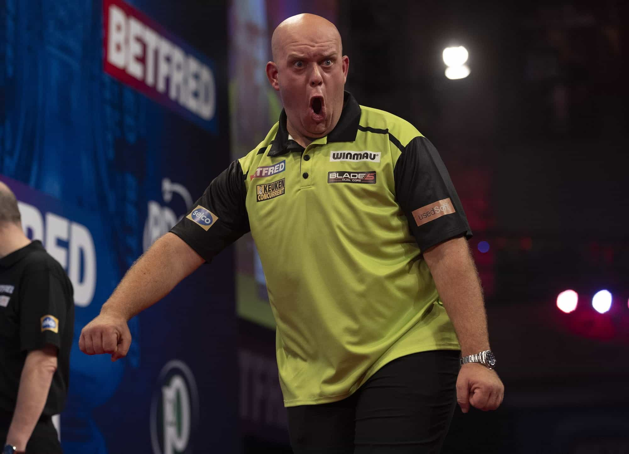 Michael van Gerwen puts on his crazy face.