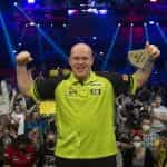 Michael van Gerwen celebrates victory in the German Darts Championship.