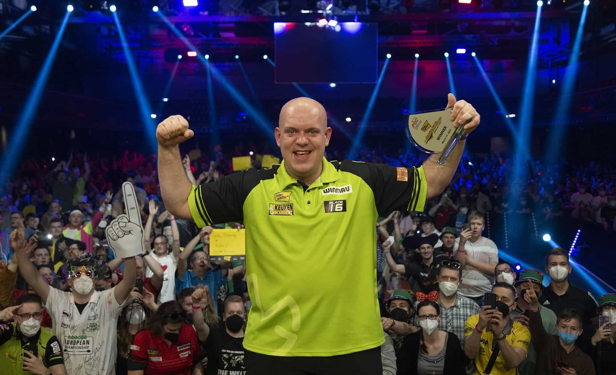 Michael van Gerwen celebrates victory in the German Darts Championship.