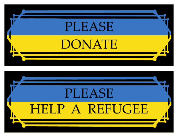 Blue and yellow banner with the words Please Donate, Please Help a Refugee.