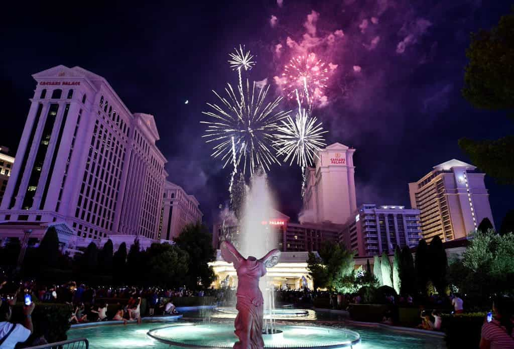 Fireworks light up the Las Vegas Strip during the 2022 Fourth of July celebrations at Caesars Palace.