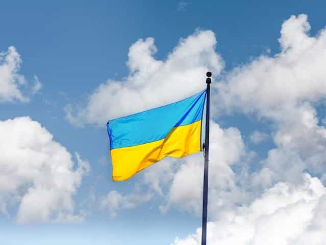 The blue and yellow Ukrainian flag.