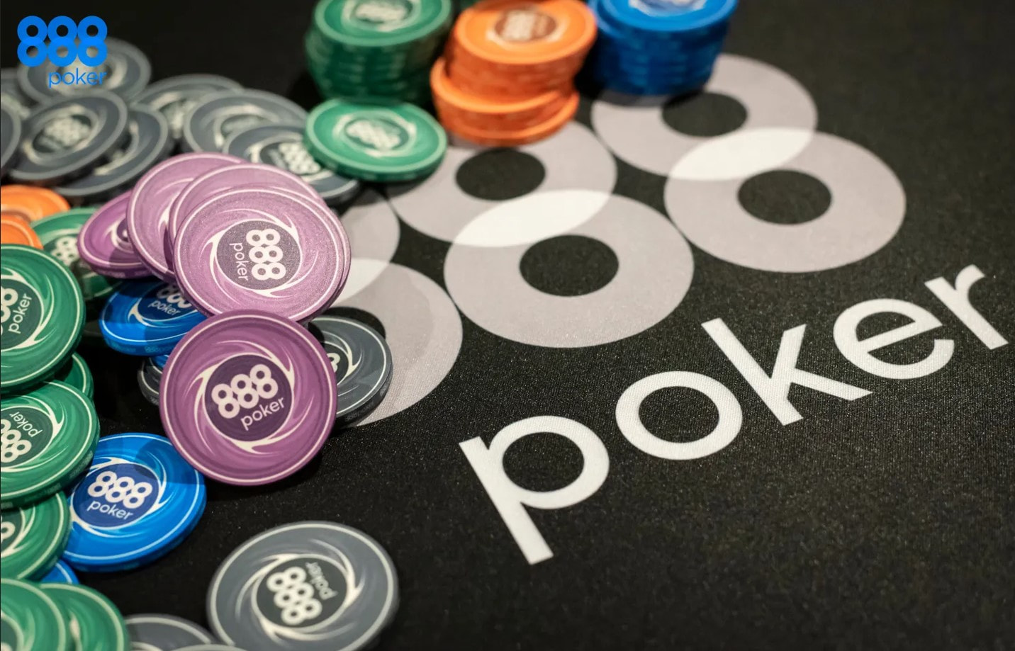 A stack of 888poker branded poker chips.